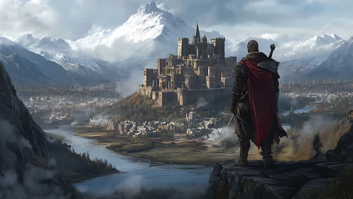 Armored knight overlooking fortified riverside citadel at dawn