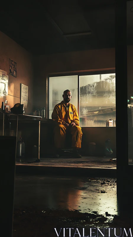 Solitary worker in yellow coveralls rests inside dim workshop.