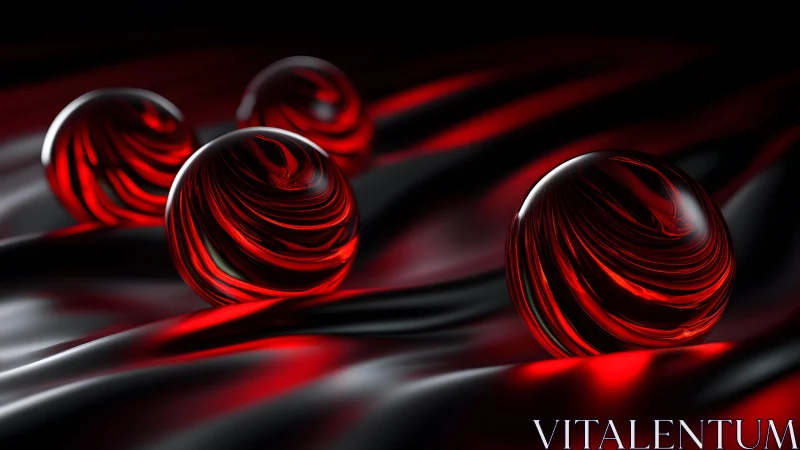 Glossy red and black marbled spheres on silky fabric, digital art.