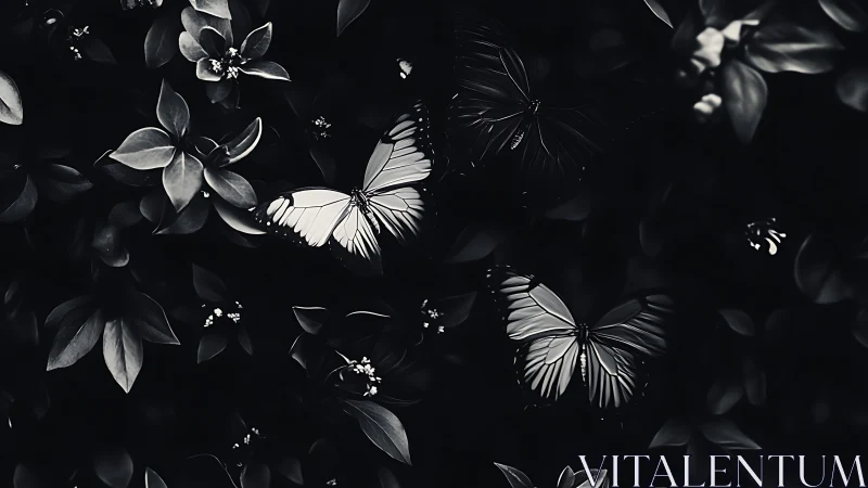 Monochrome butterflies glide through shadowed garden foliage