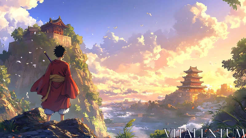 Lone wanderer surveys sunrise temples above misty valley