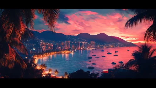 Tropical bay cityscape glows under cinematic neon sunset sky