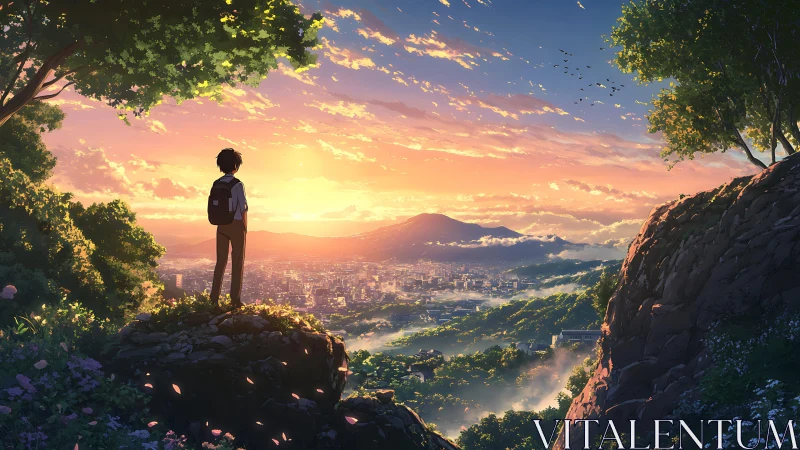 Sunset lookout over a peaceful valley city from cliffside.