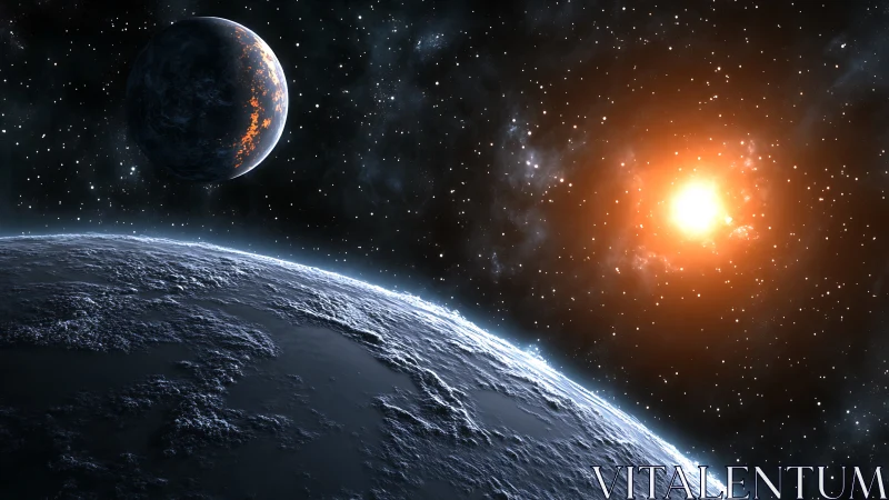 Frozen dawn over volcanic moon in a quiet starfield.