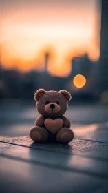 Teddy bear with heart shape at golden hour sunset streetscape.