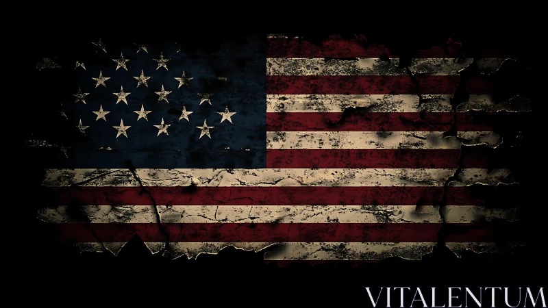 Weathered US flag texture with distressed grunge erosion.