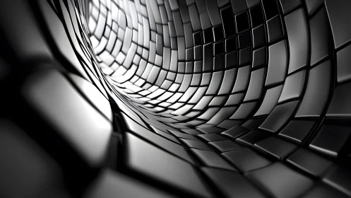 Futuristic Black Metallic Tunnel with Curved Geometric Tiles.