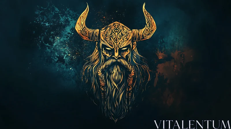 Viking helmeted figure rendered with ornate line art
