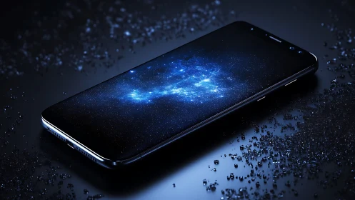Smartphone with galaxy display on reflective dark surface.