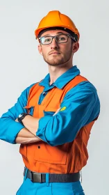 Confident construction worker stands in bright safety gear