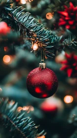 Crimson Christmas bauble gleams amid dreamy evergreen lights.