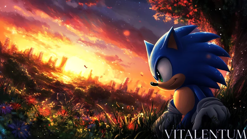 Blue hedgehog watches blazing city sunset over wild meadow