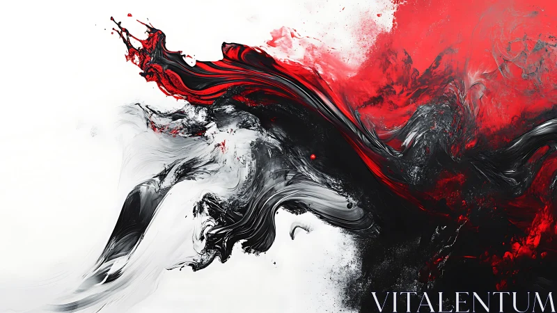 Dynamic Black and Red Abstract Paint Swirl on White Canvas.