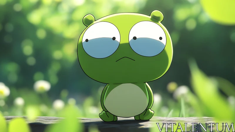 Green cartoon frog stands on mossy rock in soft sunlight