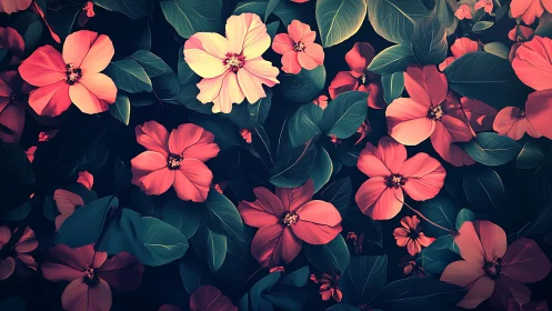 Luminous Coral Flowers Dense Floral Digital Garden Composition