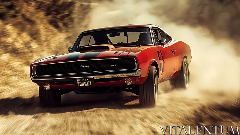 Dust-slinging red muscle car storms a sunlit desert track.