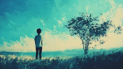 Solitary figure studies windswept tree under cyan sky