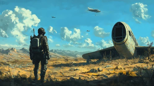 Lone explorer near crashed aircraft in vast desert landscape.