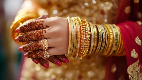 Henna-wrapped hands whisper stories through layered gold bangles