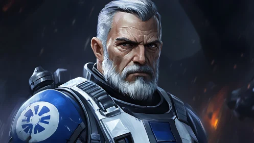 Armored veteran commander in blue-and-white sci fi combat suit