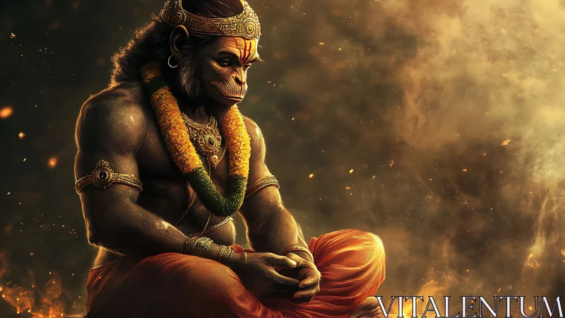 Mythic humanoid figure sits amid smoke and floating embers