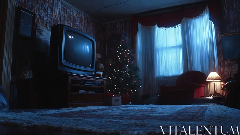 Low-key Christmas living room with CRT television and mixed lighting contrast