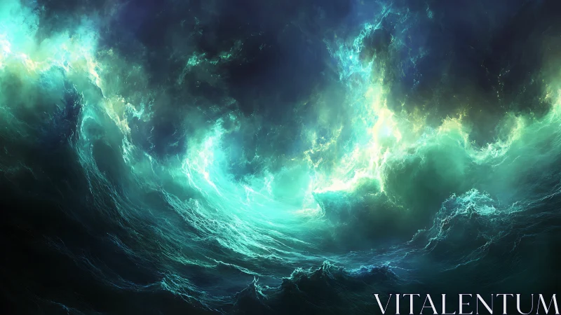 Cosmic storm surge over luminous turquoise ocean vortex.