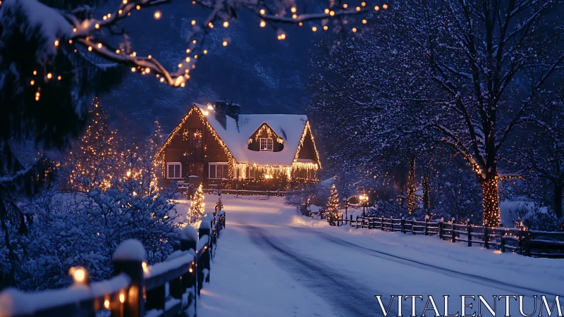 Snow-draped lane to a lantern-lit winter cottage glow.