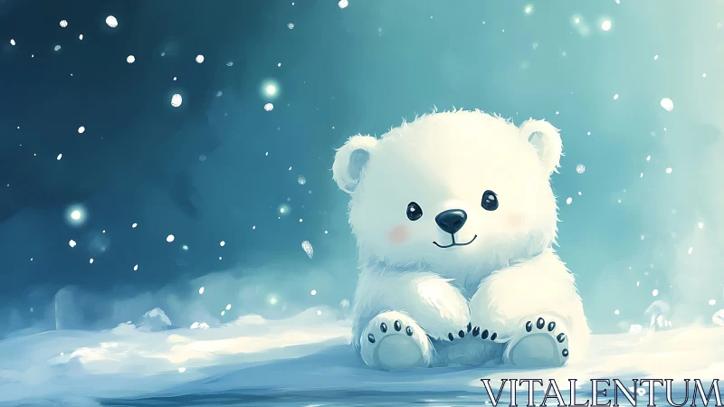 Snowflake whispers circle a daydreaming baby polar bear