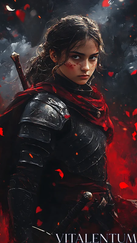 Scarlet ember knightess staring down the storm of war.