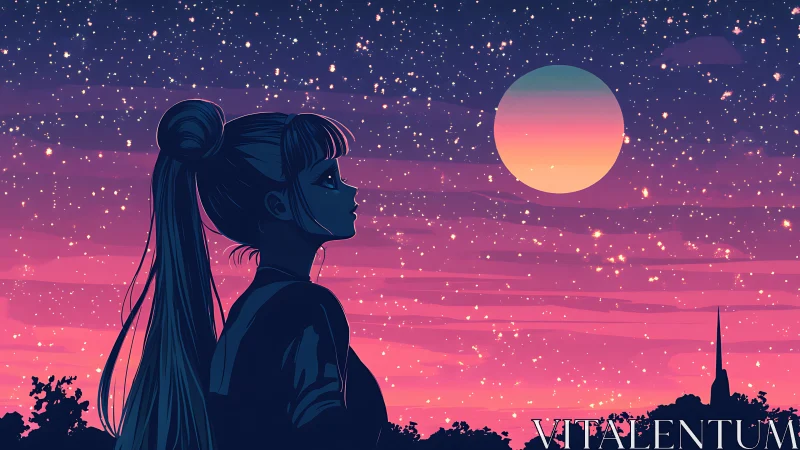 Anime silhouette under neon dusk sky with celestial gradient moon.