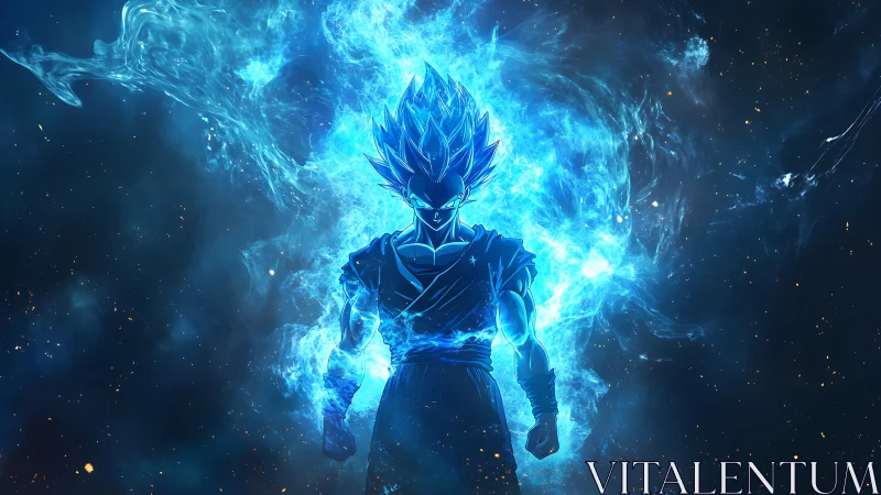 Celestial energy warrior in blue aura, anime key art focus.