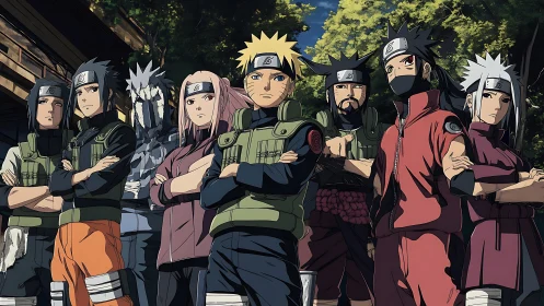 Group of uniformed anime characters stands in forest setting