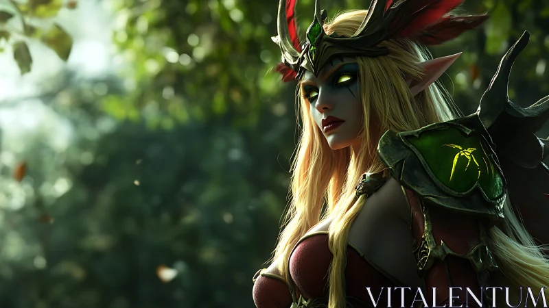 Elven warrior queen watches the enchanted forest in silence