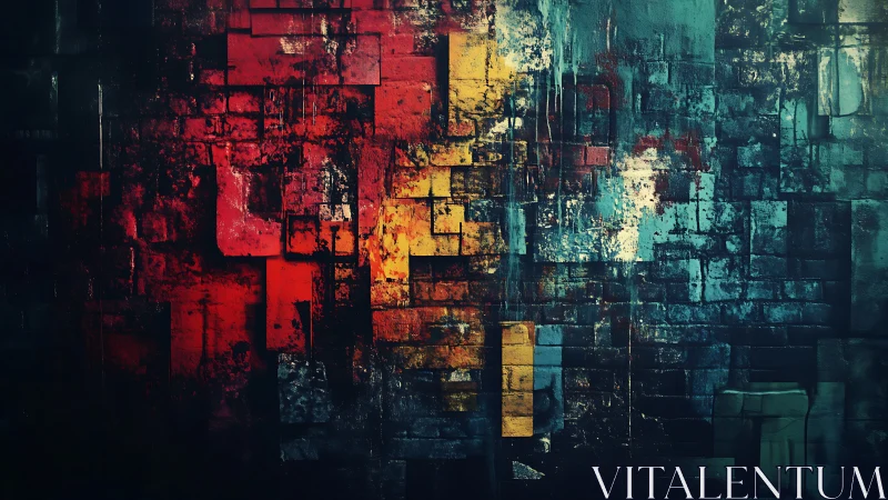 Abstract brick wall with red, yellow and teal painted blocks