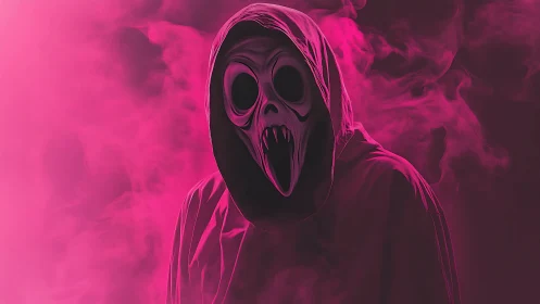 Pink hooded specter with fanged mask in swirling neon haze.