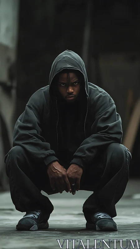 Quiet strength in a hooded street portrait, steady and calm.