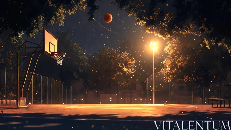 Quiet night basketball court glowing under warm lights.