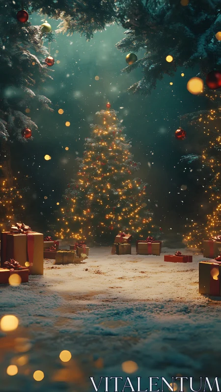 Snowy forest Christmas tree glows amid gifts and soft bokeh