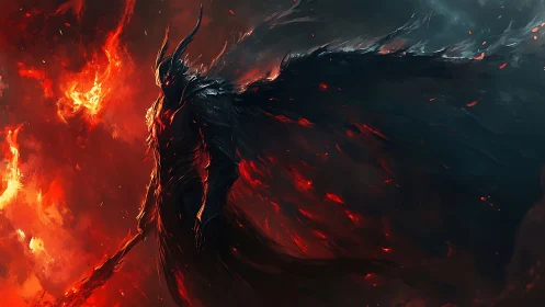 Dark flame guardian rises from swirling ember storms.