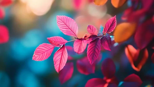 Magenta leaves glow against teal bokeh forest background.