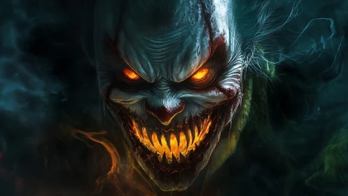 Infernal biomech clown visage with incandescence and smoke.