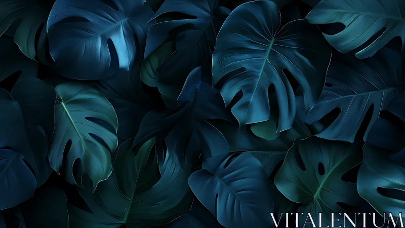 Layered monstera foliage rendered in deep cyan low-key lighting
