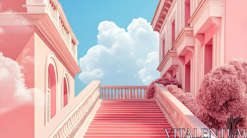 Dreamy pink neoclassical stairs rise toward serene blue skies