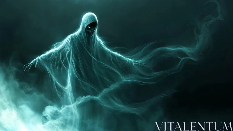 Hooded spectral figure with flowing energy trails in misty void.