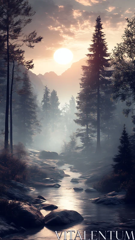 Backlit alpine conifer forest river at atmospheric sunrise