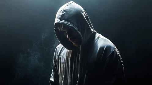 Hooded figure in dramatic shadow with cinematic rim lighting.