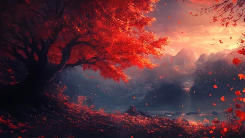 Crimson maple guarding a mist-veiled valley at sunset.