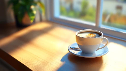 Morning sunlight wraps a cozy cup of coffee in gentle warmth