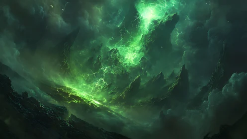 Volcanic alien rift with emerald plasma storm and jagged spires